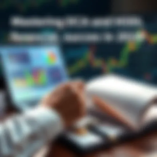 A person analyzing charts with coins and a book on finance, symbolizing DCA and HODL strategies.