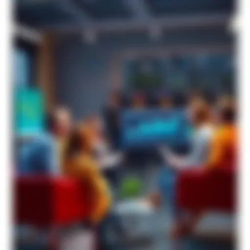 A group of people discussing investment strategies in a casual setting, with charts and graphs displayed on a screen nearby