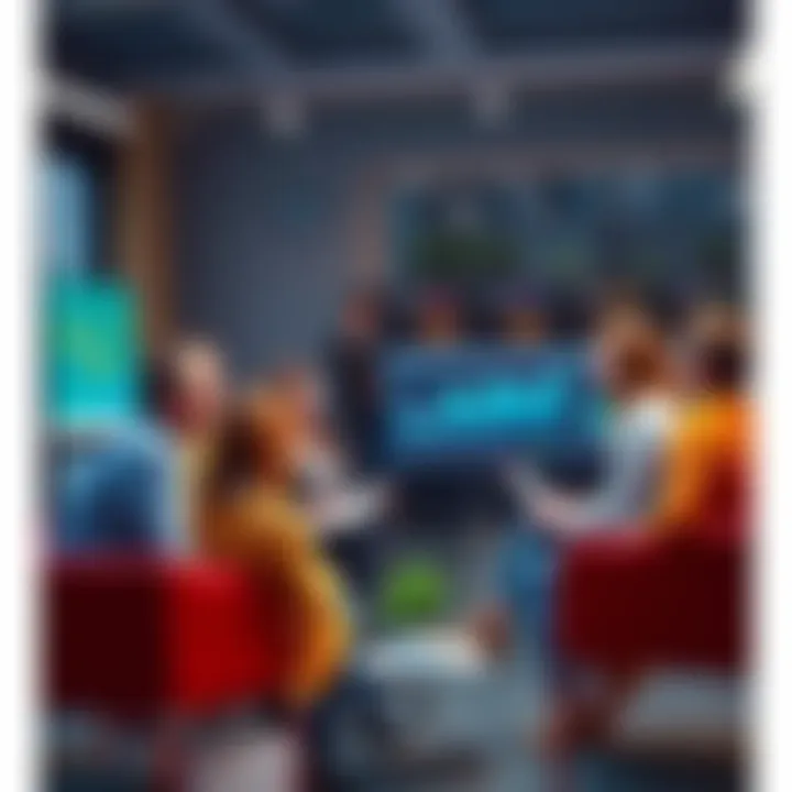 A group of people discussing investment strategies in a casual setting, with charts and graphs displayed on a screen nearby