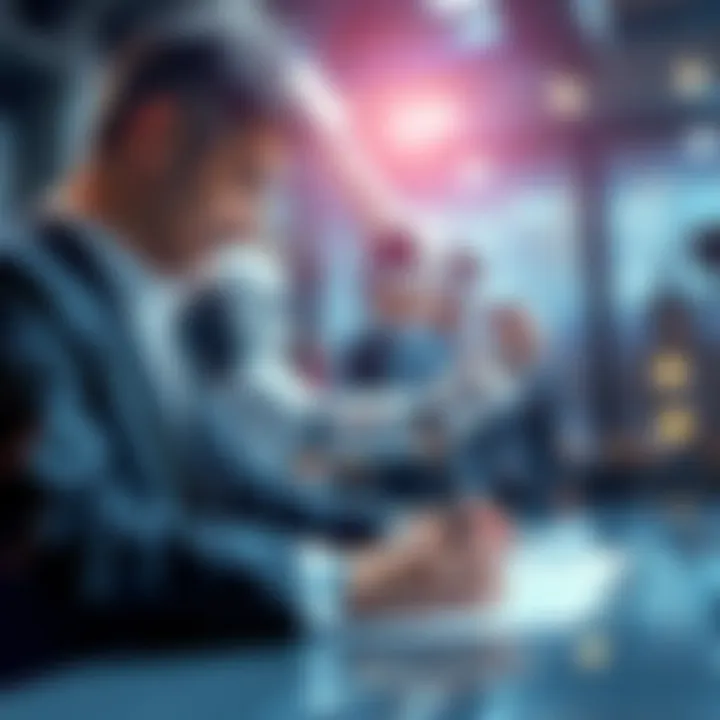 Investment in AI Robotics A businessman signing a contract with AI robotics team members in front of a robotic arm