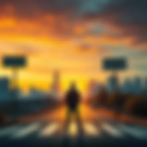 A person standing at a crossroads, looking at signs for investment opportunities and warnings about hype, with a city skyline in the background.