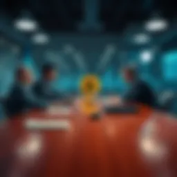 Major financial institutions are shown analyzing Bitcoin trends and investments around a conference table