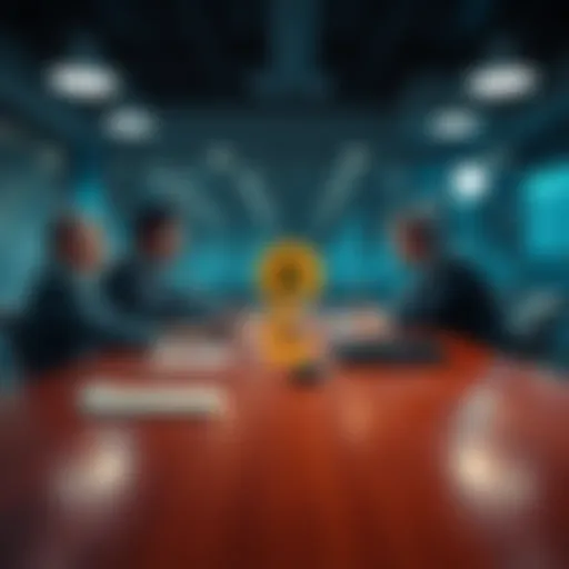 Major financial institutions are shown analyzing Bitcoin trends and investments around a conference table