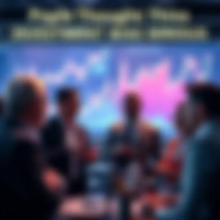 A group of people engaged in conversation about investments, with charts and graphs in the background suggesting market analysis.