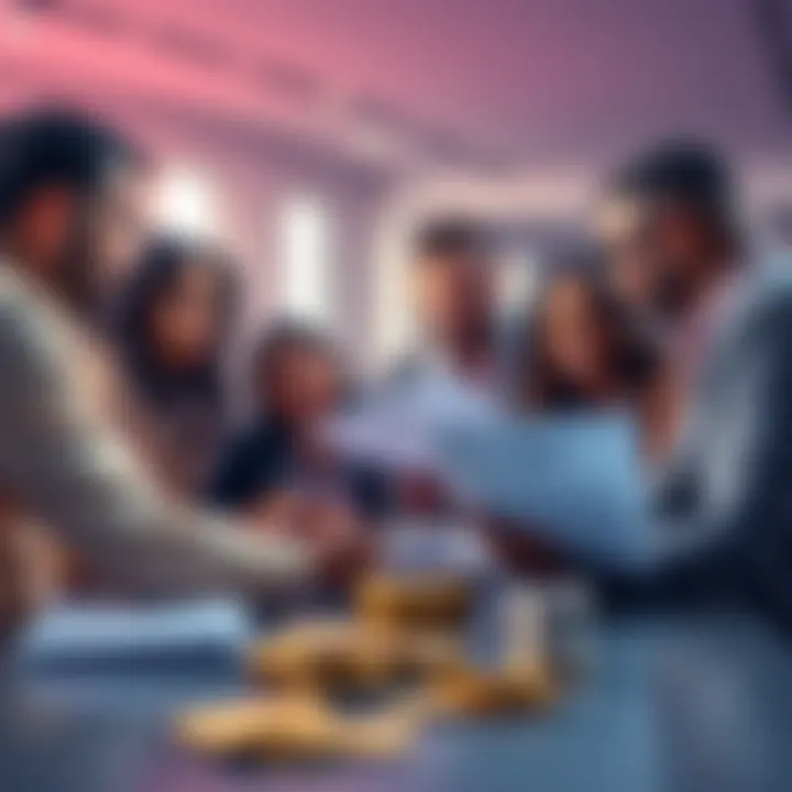 Investment in Crypto A diverse group of people discussing cryptocurrency investments with 401(k) paperwork on a table