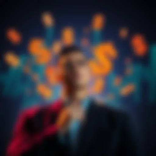 Person considering cashing out investments with currency symbols around them