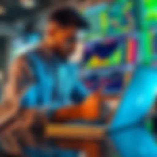 A person analyzing financial charts with a laptop during a bear market, showing determination and focus.