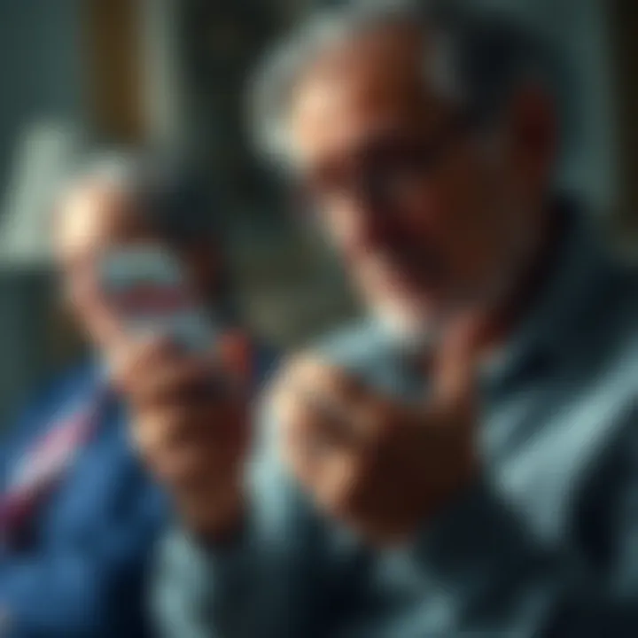 Concerned family member warns about investment scam A person looks worried while showing a phone with a scam warning message to an elderly man, highlighting the risks of investment fraud