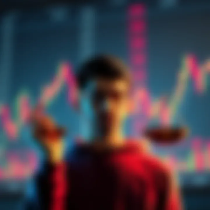 A person weighing options between buying stocks during a dip and chasing trending investments, with a backdrop of a stock market chart.
