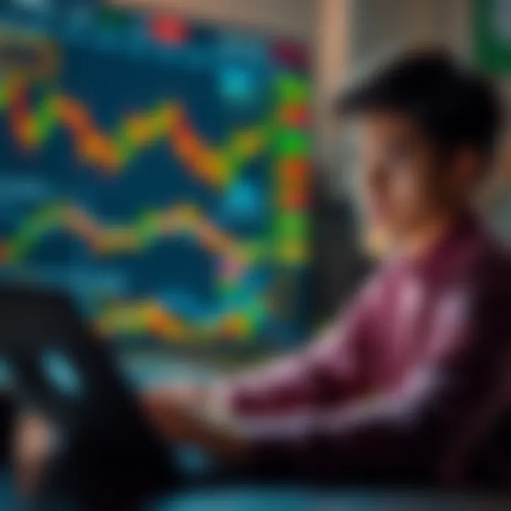 A young individual analyzing charts and cryptocurrency data with a laptop, looking focused on their investment goals.
