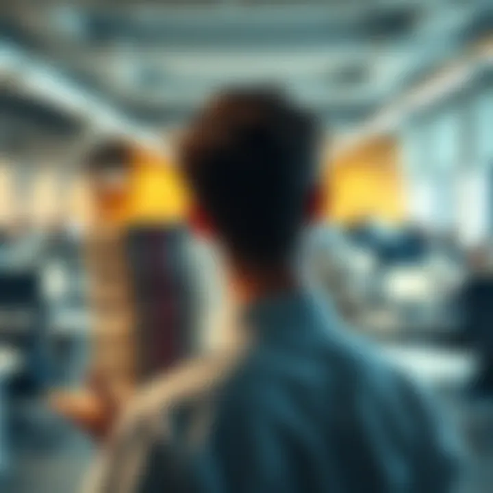 A person weighing options between a stack of money representing an investment loss and a busy office with multiple workstations, looking thoughtful about their choices.