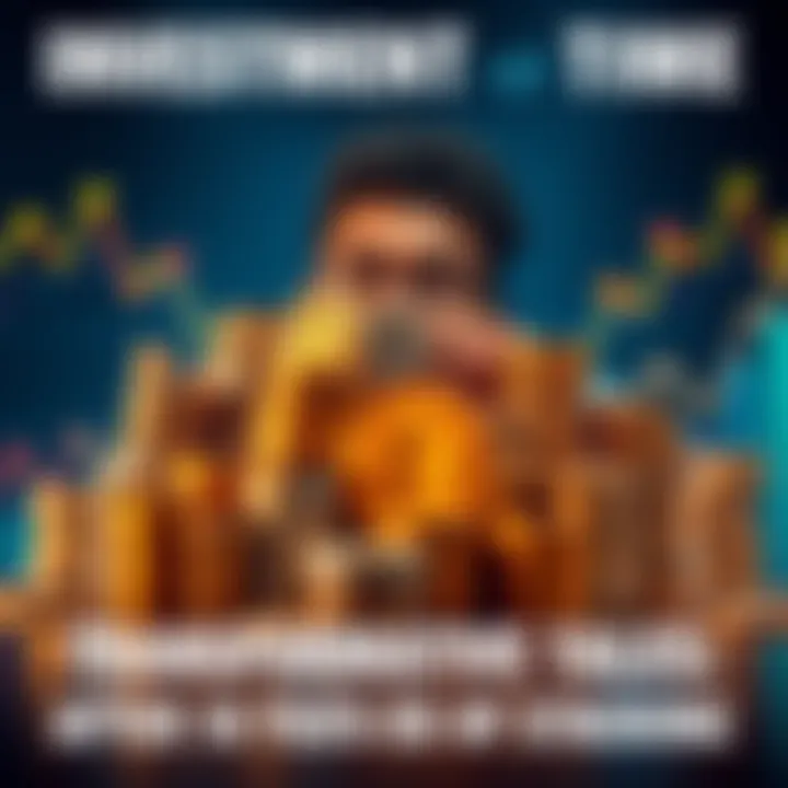 A person reflecting on their financial journey with stacks of coins and graphs showing growth around them