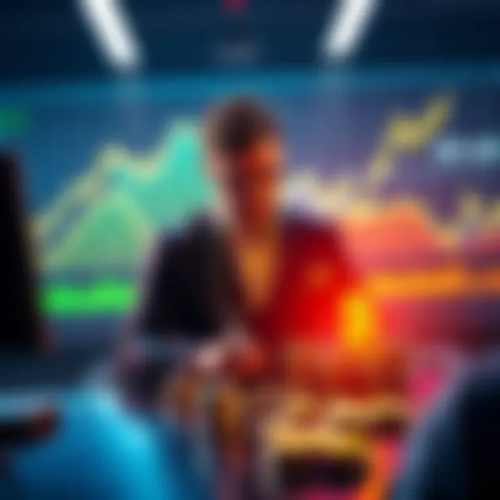 A person placing an €8 million bet in a financial setting, with graphs showing rising cryptocurrency trends in the background