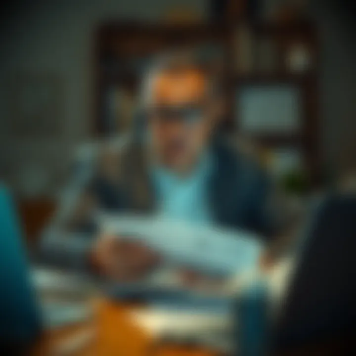 A worried investor sitting at a desk with bills and financial reports, showing signs of anxiety and stress over financial assets.