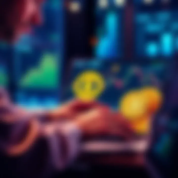 A person reviewing charts and graphs on a laptop, focusing on cryptocurrency trends with Kaspa coins displayed prominently.