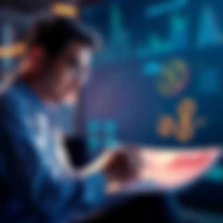 Investor Planning for 2030 A focused investor reviewing financial plans with charts and crypto symbols for Flare and XRP, indicating a long-term strategy until 2030.