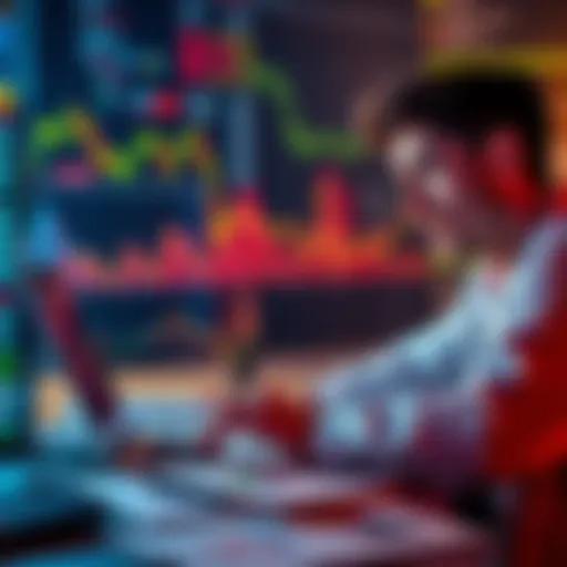 Investor Reflecting on Market Trends A new investor looks at graphs and charts on a laptop, contemplating their investment journey with Raiz, surrounded by notes and financial reports.