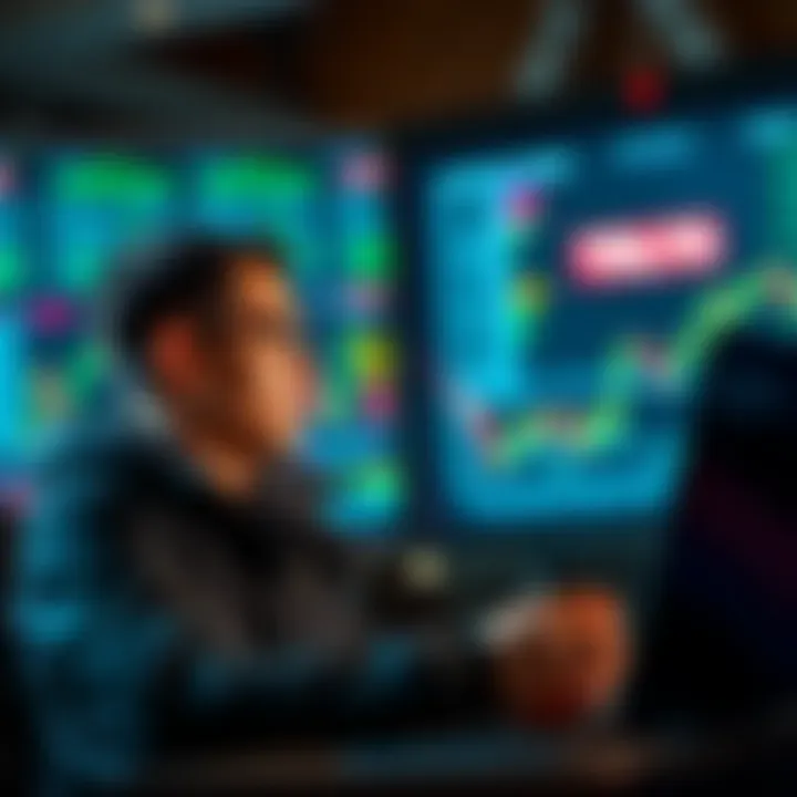 A focused investor looking at charts with a laptop, planning to buy cryptocurrency at low prices during market corrections.