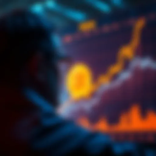 An investor gazes at a Bitcoin price chart showing a sharp rise and fall, reflecting their experience of buying at a peak.