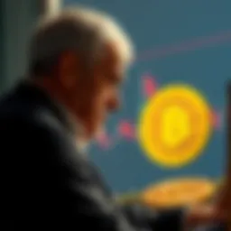 An investor looks thoughtfully at a Bitcoin chart and a gold coin, pondering investment strategies.