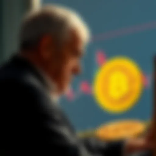 An investor looks thoughtfully at a Bitcoin chart and a gold coin, pondering investment strategies.