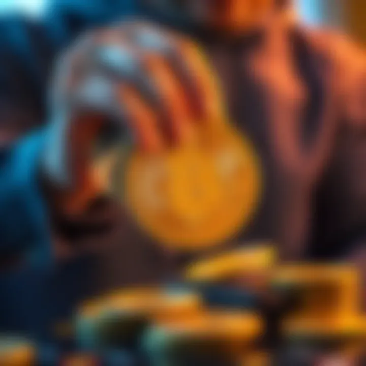 A person placing cash into a Bitcoin wallet, symbolizing investment in cryptocurrency
