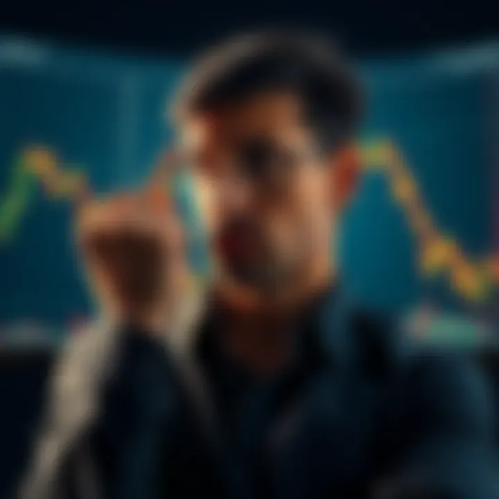 A person looking worried while gazing at a financial chart showing a downward trend, symbolizing the emotional impact of bad Bitcoin timing.