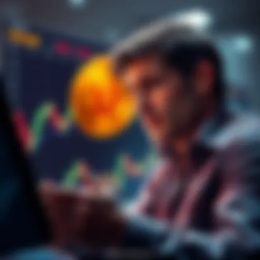 An investor focusing on Bitcoin, with a chart showing Bitcoin's price approaching $65K and a stock market graph in the background.