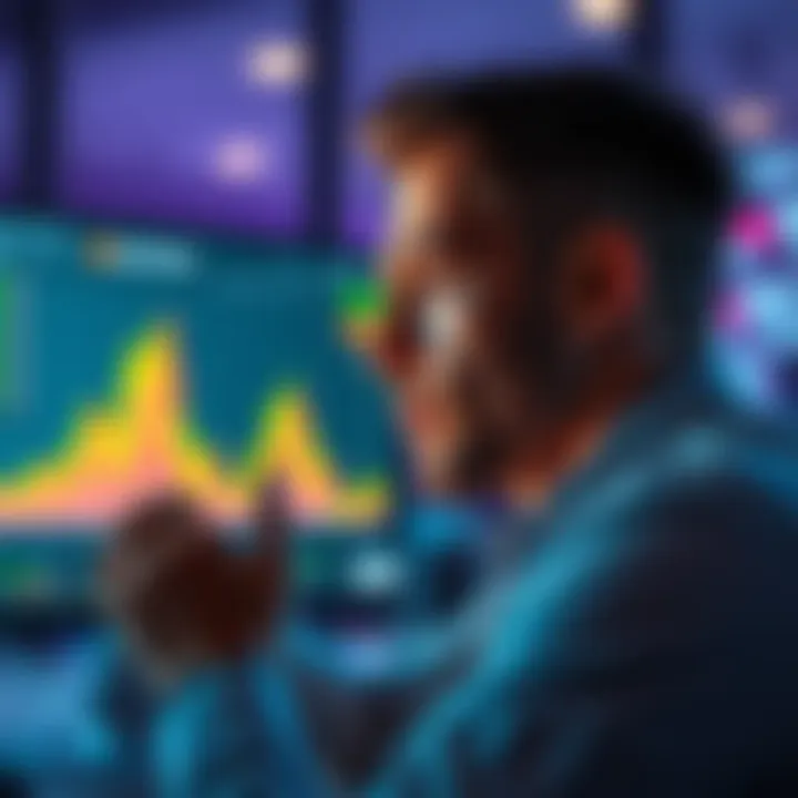 An investor looking at a rising cryptocurrency chart on a computer screen, with a thoughtful expression, considering investment decisions.