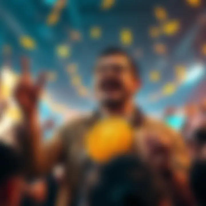 An excited investor celebrating the achievement of 1.01 BTC, showing joy and ambition for future investments.