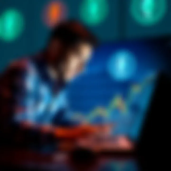 A person looking at a chart on a laptop, contemplating whether to sell or hold Ethereum assets, with Ethereum logos in the background
