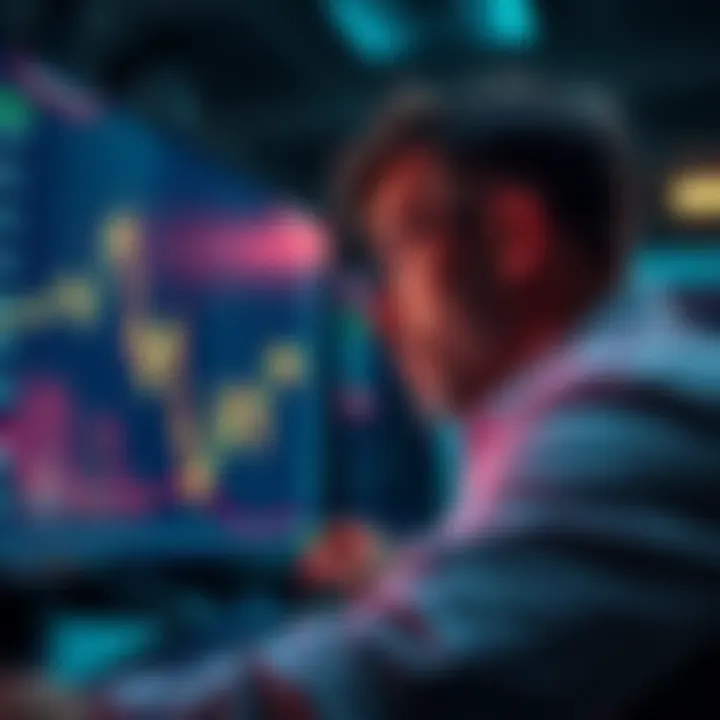 A concerned investor looking at a downward trend in cryptocurrency values on a screen, symbolizing rug pulls in the market.