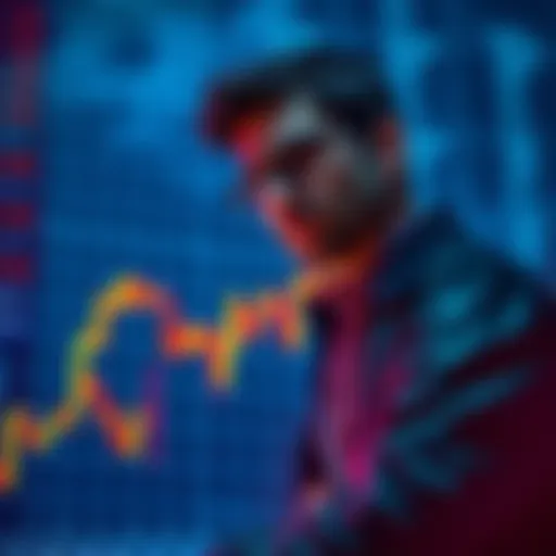 A concerned investor observing a stock chart with a downward trend, showing a series of red candlesticks indicating losses.