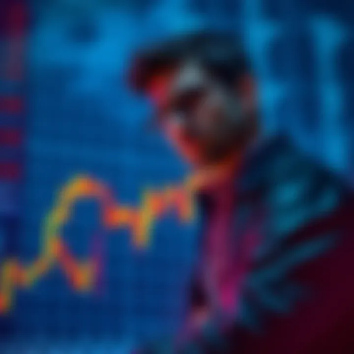 A concerned investor observing a stock chart with a downward trend, showing a series of red candlesticks indicating losses.