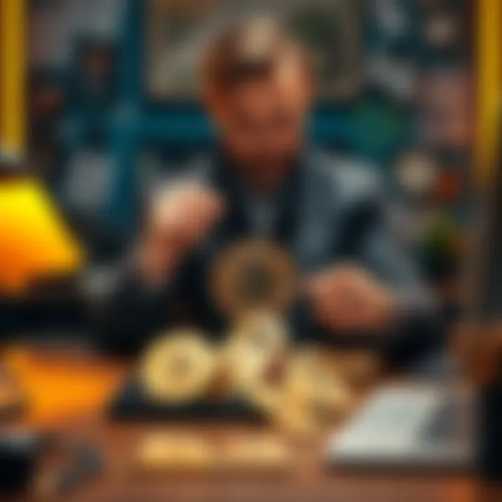 A dedicated investor sits at a desk, looking thoughtfully at HBAR cryptocurrency coins in front of him, symbolizing his commitment to hold them long-term.