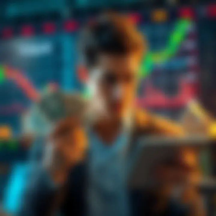 An investor nervously holds onto stocks with a worried expression while looking at a financial chart showing a downward trend.