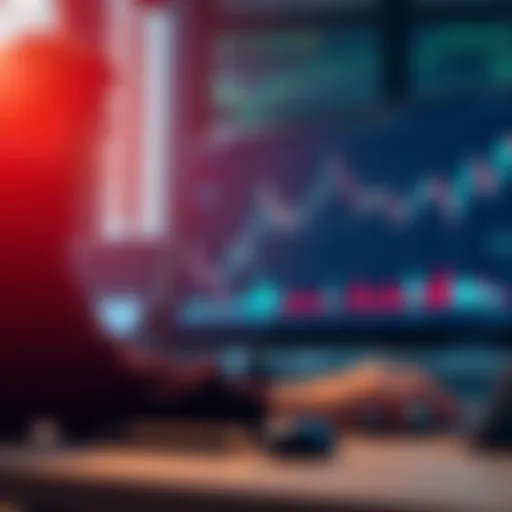 A distressed investor looking at charts on a computer screen, showing a significant drop in value, representing a financial loss in cryptocurrency trading.