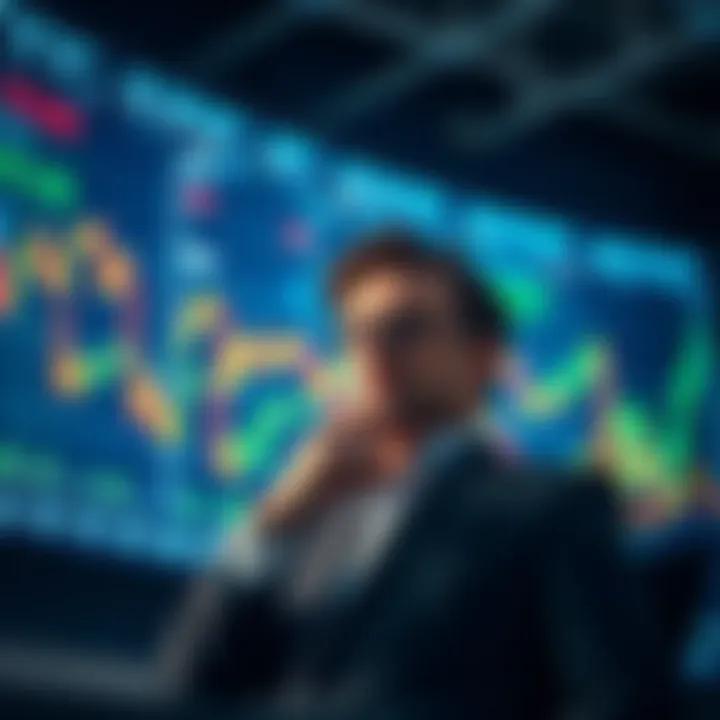 A thoughtful investor looking at market charts during a downturn, symbolizing confidence in making investment decisions despite fear.
