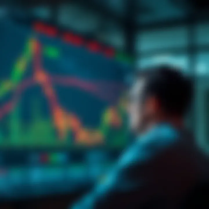 An investor staring at a declining market graph on a screen, showing frustration and concern about recent losses.
