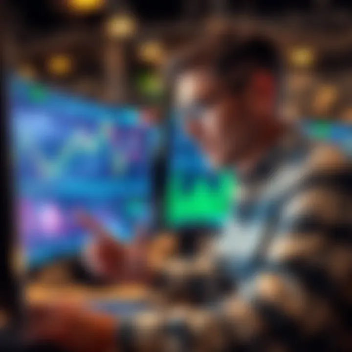 Investor examining market trends A focused investor looking at market charts on a computer screen, considering buying opportunities during price dips.