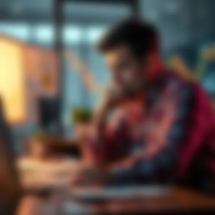 A frustrated investor sitting at a desk, looking at mining charts and reports, with a thoughtful expression on their face.