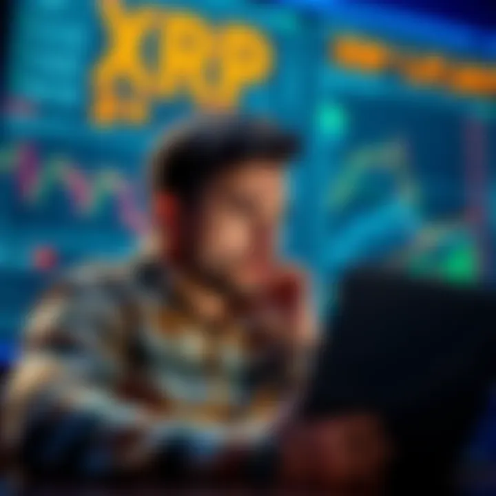 An investor looks distressed while reviewing stock charts and financial news about XRP, reflecting on missed opportunities and FOMO.