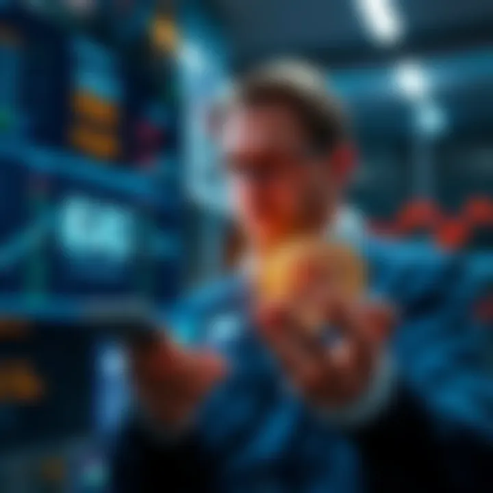 An investor looks at a digital display showing KAS token prices while holding a small stack of tokens in hand.
