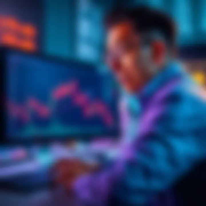 An investor looking at a computer screen showing Ethereum price charts, with a concerned expression reflecting recent market declines.