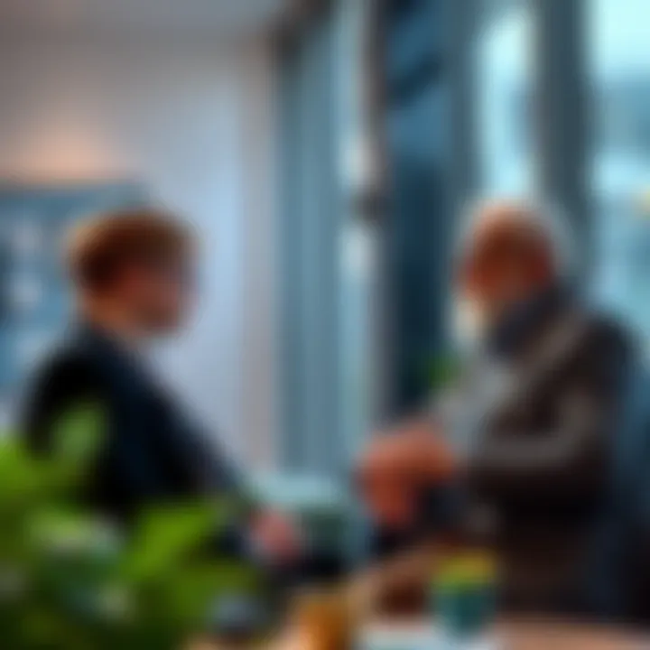 A young investor and an older investor sit across from each other, discussing their approaches to investing in bear markets. The young investor looks confident while the older investor appears thought...