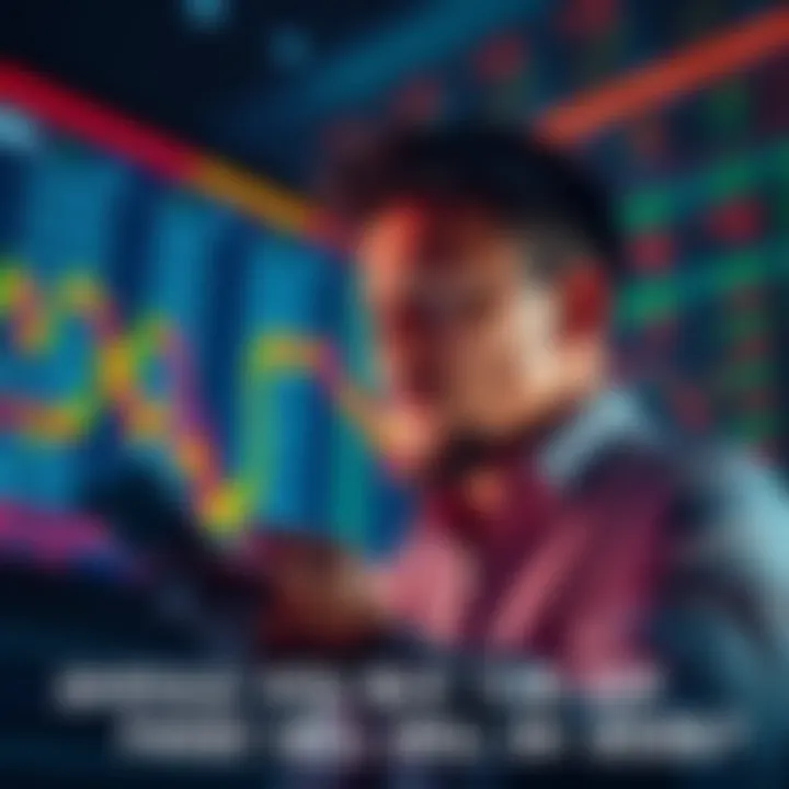 An investor looking at a stock chart with fluctuating prices, contemplating whether to buy during a market dip or sell in fear