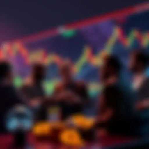 A group of investors actively discussing and buying crypto assets during a bear market, with charts showing market trends in the background.