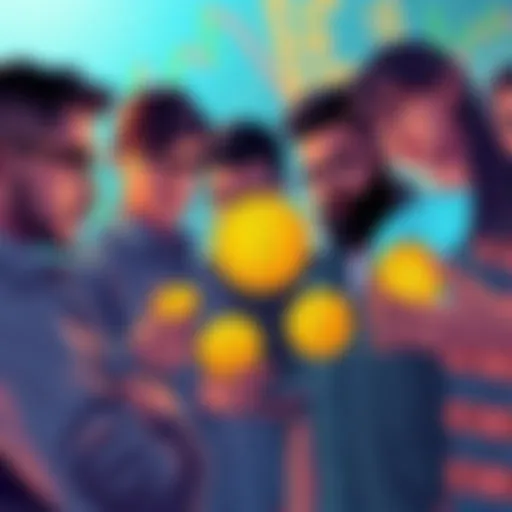 Group of diverse people discussing cryptocurrencies, some holding meme coins and others looking at DOT charts, symbolizing contrasting attitudes towards different cryptocurrencies.