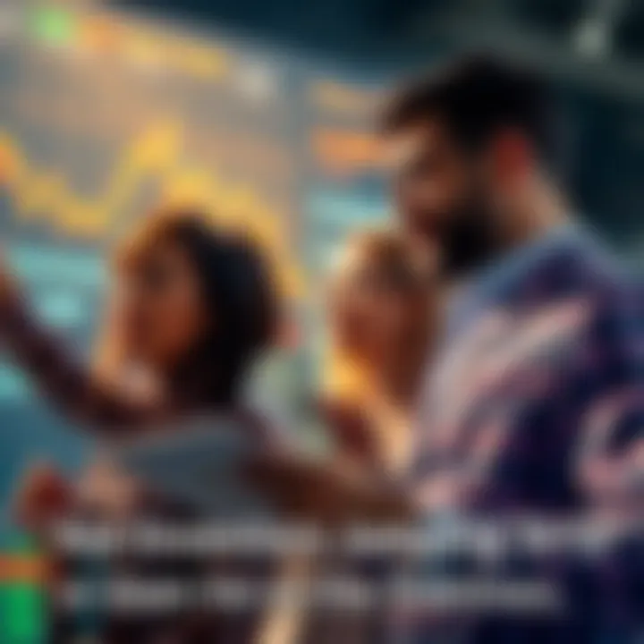 A group of diverse investors looking at charts and discussing market trends, with one person holding cash and another pointing at a graph.