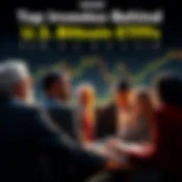 Investors in Bitcoin ETFs A group of diverse investors discussing Bitcoin ETFs with financial charts and graphs in the background